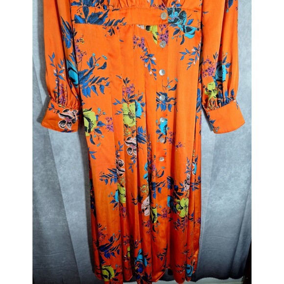 Free People Maxi Dress Sz L Orange Floral Wrap Bodice Side Button Front Boho - Picture 6 of 12